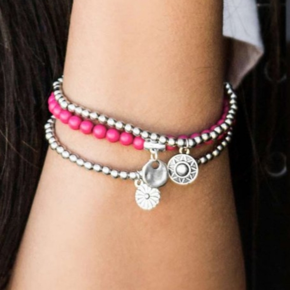 "Bloom Out!" - Set Of 3 Pink & Silver Bracelets